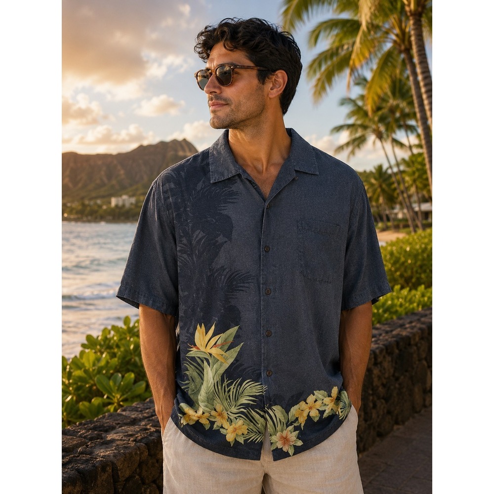 TOMMY BAHAMA‎ Men's XL Silk Black W/ Multicolor Flowers Short Sleeve Shirt -1320